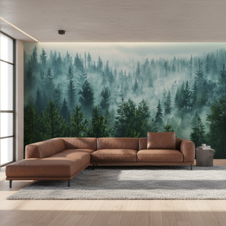 A spacious living room in modern industrial style. Apply the reference image as wallpaper on the feature wall behind the seating area. That wall must be entirely unobstructed — only wallpaper visible. The rest: wide-plank light oak floor, low profile brown leather sectional sofa, metal-framed floor lamp on the side (not touching the wallpaper wall), a few concrete or steel accent pieces, large area rug in light grey. Daylight streaming in from tall windows, soft ambient lighting, some shadows for depth. Wallpaper of forest mist serves as calming focal backdrop.