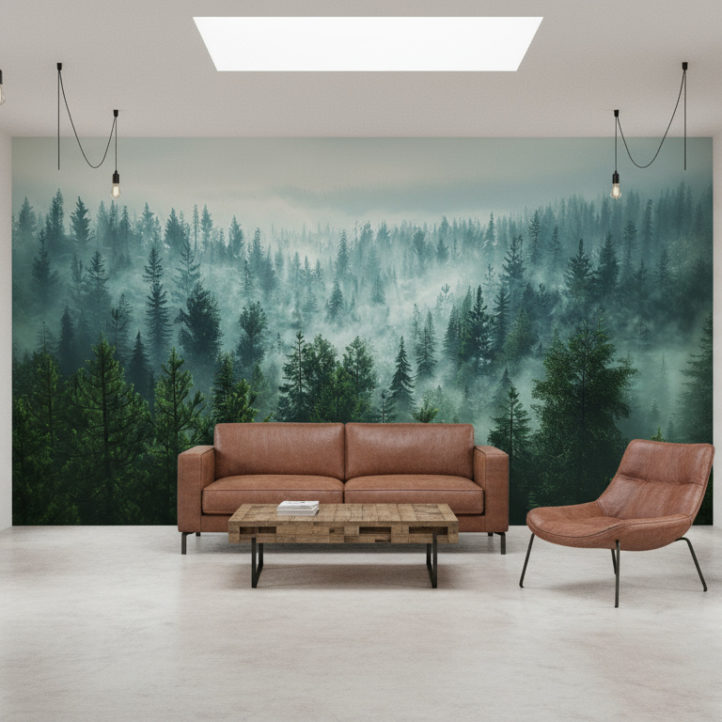 Bright industrial-modern living room, with the reference image used as a full-wall foggy forest wallpaper. That wall must have no shelves, no artwork, no decorations — wallpaper only. Flooring: pale polished concrete, furniture: brown leather loveseat and a matching lounge chair, coffee table in reclaimed wood with metal legs, open steel-frame bookshelf placed on a different wall. Lighting: pendant lights with exposed bulbs, natural light from skylight or large window, neutral palette (whites, greys, soft browns) so that the wallpaper stands out.