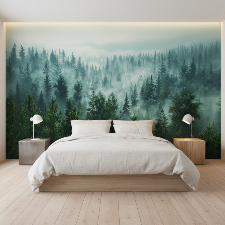 Minimal bright bedroom with industrial touches. The reference image of a forest in fog is applied as wallpaper behind the bed. That wallpaper wall must be entirely free of other items: no headboard decoration, no wall lamps attached, no shelves or pictures. Bed with wooden frame, linen bedding in light grey or off-white, bedside tables in raw wood or steel placed to the sides but not touching the wallpaper wall. Floor light wood or polished concrete, lots of soft daylight through large windows. Warm ambient and indirect lighting at night. Wallpaper becomes the serene background.