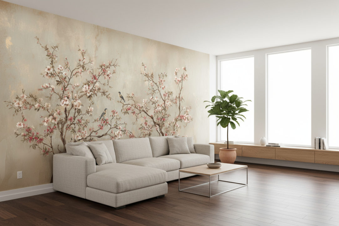 Photorealistic bright living room seen from a gentle three-quarter angle. Use the provided reference image as WALLPAPER on the long wall behind the seating area; keep the wallpapered surface free of artworks and shelves. For repeating patterns, seamless tiling at realistic scale; for murals, full-bleed edge-to-edge without stretching, maintain correct corner perspective. L-shaped light linen sofa, slim coffee table, built-in low console or shelf unit on the adjacent non-wallpapered wall, one tall leafy plant; minimal neutral decor. Dark natural wood flooring (walnut, lightly satin), white ceiling, thin baseboards. Matte wallpaper finish with fine paper texture; precise edges at corners and outlets; subtle ambient occlusion. Bright daylight from floor-to-ceiling windows, soft fill light. Camera at eye level from the room corner so the wallpapered wall and depth of the space are visible. True-to-scale mapping, physically correct shadows. No text, numbers, logos, or watermarks.