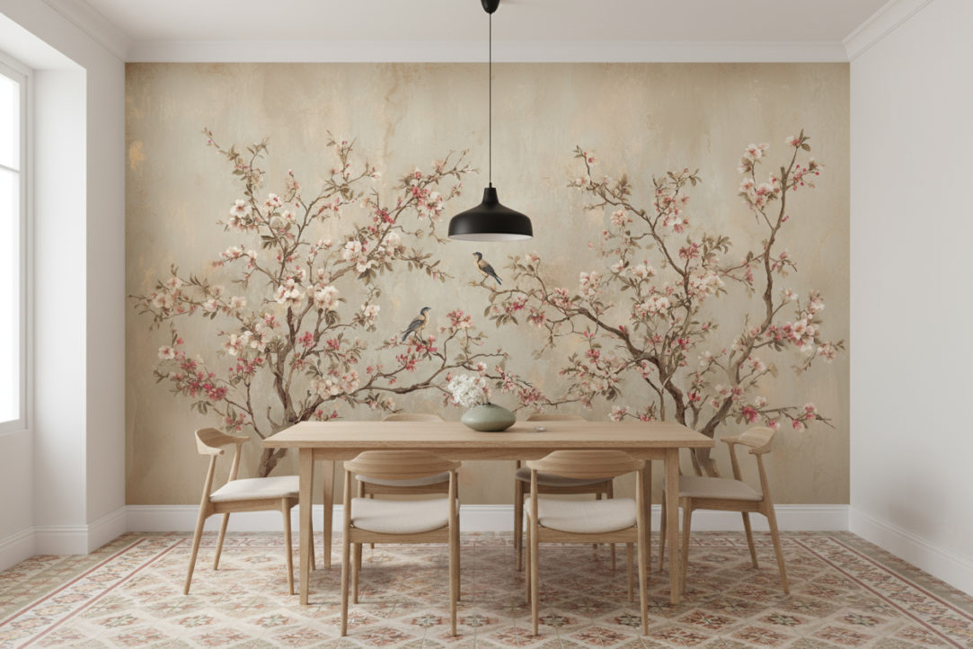 Photorealistic airy dining room filled with bright daylight. Map the provided reference image as WALLPAPER on the accent wall behind the dining table; keep this wall free of frames and shelves. If the image is a repeating pattern, render seamless tiling at realistic wallpaper scale; if it is a mural, fit edge-to-edge without distortion and maintain proper vanishing lines. Round or rectangular light wood dining table with 4–6 minimalist chairs, a single pendant lamp above the table, one small vase or bowl as the only centerpiece; no clutter. Vintage encaustic floor tiles in muted earthy tones that complement the wallpaper’s floral/bird motif; white ceiling and clean baseboards. Matte wallpaper surface with gentle paper texture; crisp junctions at corners and baseboard; soft ambient occlusion. Bright window light with soft shadows, neutral white balance. Camera at eye level with a slight three-quarter angle so the wallpapered wall is prominent and the table provides scale. No text, numbers, logos, or watermarks.