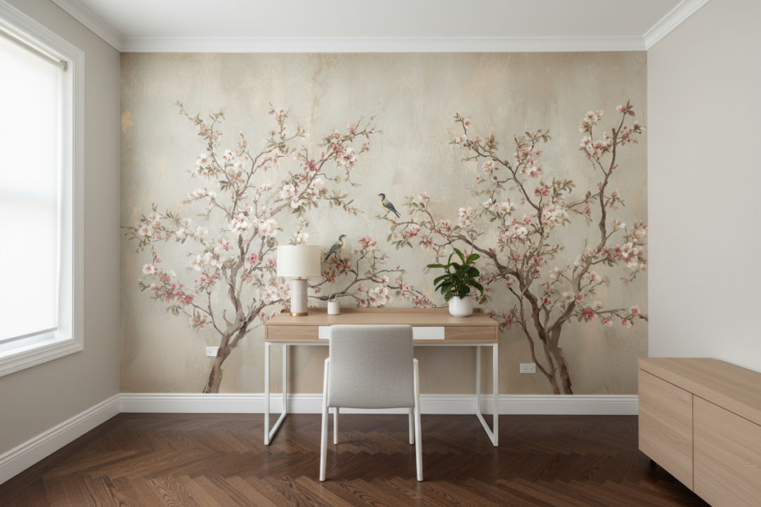 Photorealistic bright home office with refined modern-classic styling. Use the provided reference image as WALLPAPER on the wall behind the desk; keep this wall free of shelves, boards, or frames so the wallpaper remains the focus. If the reference is a repeating pattern, tile it seamlessly at realistic wallpaper scale; if it is a mural, fit edge-to-edge without distortion and preserve correct perspective. Light wood or white desk with a slim chair, small table lamp with fabric shade, closed storage to the side (not on the wallpapered wall), a single plant; minimal neutral accessories. Dark natural wood flooring (walnut/herringbone) to ground the scene; white ceiling and narrow baseboards. Matte wallpaper finish with delicate paper texture; crisp alignment at corners and sockets; subtle ambient occlusion. Bright diffused daylight from a side window, soft shadows, neutral white balance. Camera at eye level, mostly straight-on so the desk and wallpapered wall dominate while maintaining realistic scale. No text, numbers, logos, or watermarks.