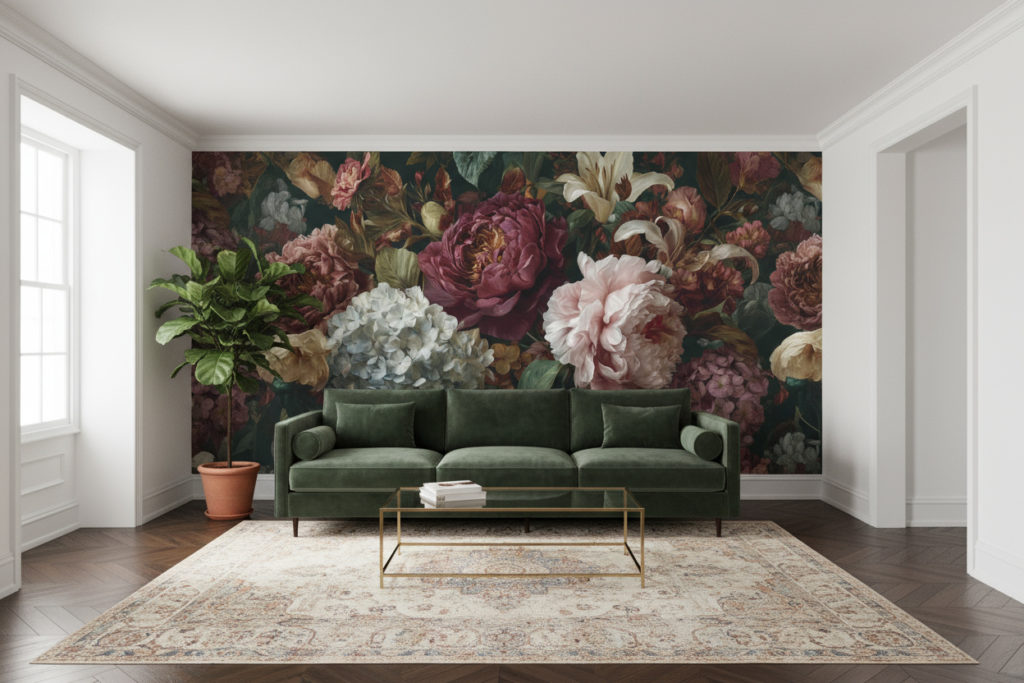 Photorealistic bright living room with refined vintage character.