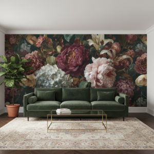 Photorealistic bright living room with refined vintage character.