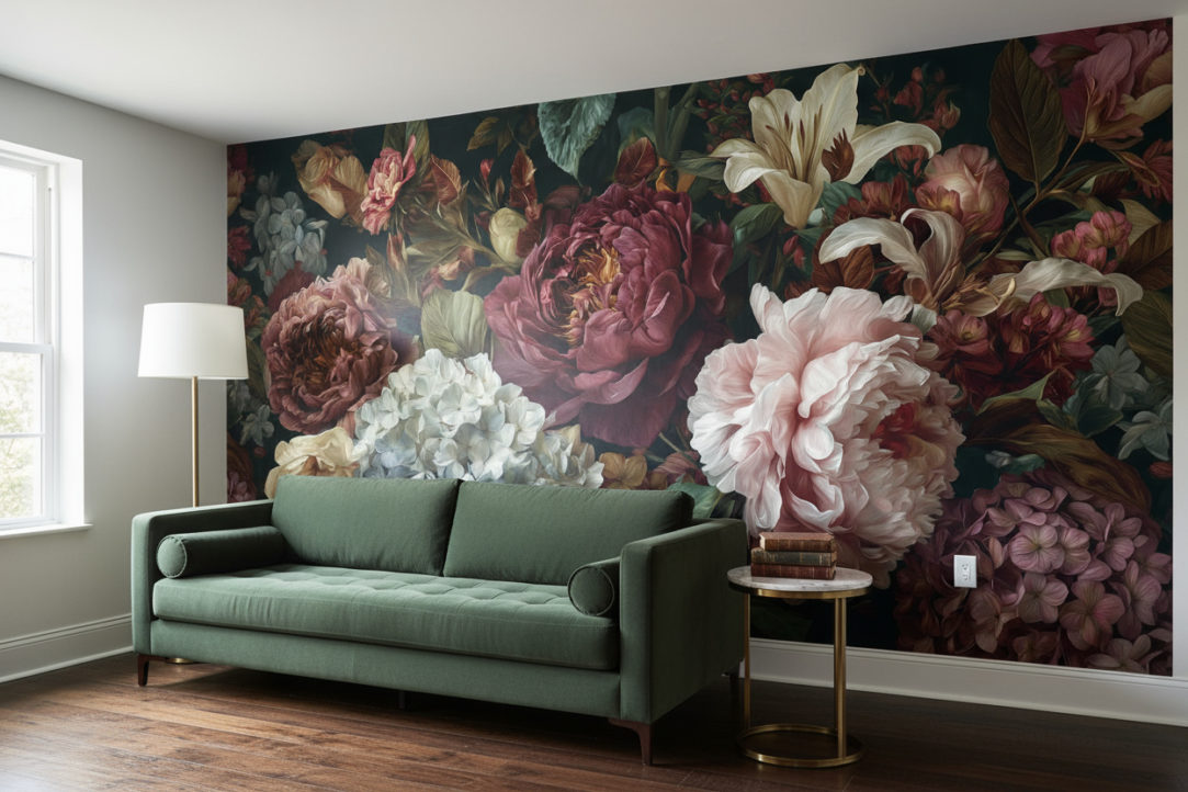 Photorealistic bright living room seen from a gentle three-quarter angle.