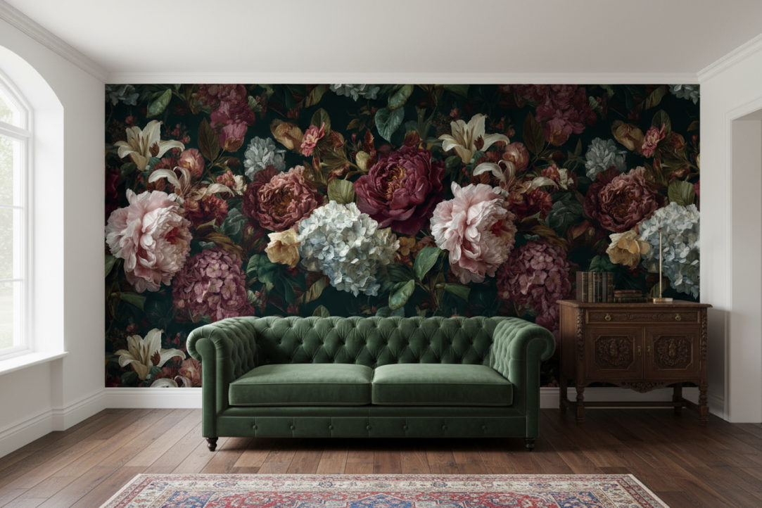 Photorealistic bright salon/library with vintage elegance. Map the provided reference image as WALLPAPER on the main backdrop wall behind the seating; keep this wall free of shelves and frames. If the image is a pattern, render seamless tiling at realistic wallpaper scale; if a mural, fit edge-to-edge with undistorted perspective. Dark green velvet Chesterfield-style sofa, antique wood sideboard on a perpendicular non-wallpapered wall, brass reading lamp, a small stack of classic books; restrained styling. Dark walnut floorboards, thin Persian runner, white ceiling. Matte wallpaper finish with fine paper texture; clean baseboard and corner lines; soft ambient occlusion. Bright natural light from tall side windows, soft shadows. Camera at eye level with a slight three-quarter angle; include sufficient floor and furniture for realistic scale. No text, numbers, logos, or watermarks.