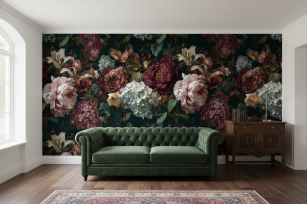 Photorealistic bright salon/library with vintage elegance. Map the provided reference image as WALLPAPER on the main backdrop wall behind the seating; keep this wall free of shelves and frames. If the image is a pattern, render seamless tiling at realistic wallpaper scale; if a mural, fit edge-to-edge with undistorted perspective. Dark green velvet Chesterfield-style sofa, antique wood sideboard on a perpendicular non-wallpapered wall, brass reading lamp, a small stack of classic books; restrained styling. Dark walnut floorboards, thin Persian runner, white ceiling. Matte wallpaper finish with fine paper texture; clean baseboard and corner lines; soft ambient occlusion. Bright natural light from tall side windows, soft shadows. Camera at eye level with a slight three-quarter angle; include sufficient floor and furniture for realistic scale. No text, numbers, logos, or watermarks.