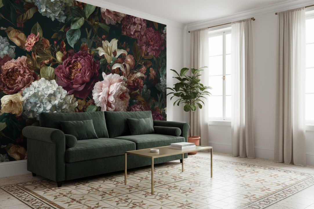 Photorealistic bright living room combining vintage character and airy light.