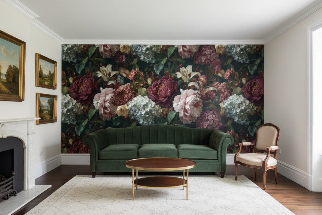 Photorealistic bright parlor with vintage sophistication.