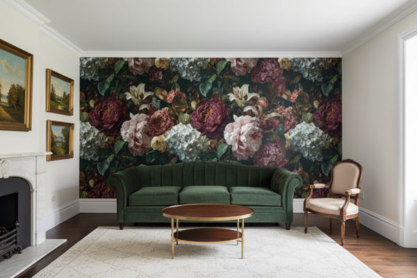 Photorealistic bright parlor with vintage sophistication.