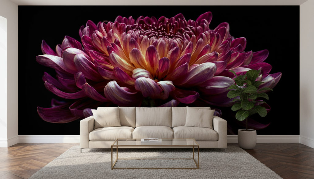 Photorealistic bright living room. Use the provided reference image as WALLPAPER on the feature wall directly facing the camera; treat it as a single large mural, do not tile. Fit edge-to-edge without distortion and align at eye height so the flower sits prominently in the center. Large light-fabric sofa centered, slim brass-and-glass coffee table, soft neutral wool rug, one tall leafy plant; no clutter. Dark natural wood herringbone floor, white ceiling, crisp baseboards. Matte wallpaper surface with subtle paper texture, clean edges at corners and baseboard, gentle ambient occlusion. Strong natural daylight from side windows, soft fill, neutral white balance. Camera at eye level, straight-on composition showing the full feature wall and enough furniture for realistic scale. No text, numbers, logos, or watermarks.