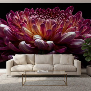Photorealistic bright living room. Use the provided reference image as WALLPAPER on the feature wall directly facing the camera; treat it as a single large mural, do not tile. Fit edge-to-edge without distortion and align at eye height so the flower sits prominently in the center. Large light-fabric sofa centered, slim brass-and-glass coffee table, soft neutral wool rug, one tall leafy plant; no clutter. Dark natural wood herringbone floor, white ceiling, crisp baseboards. Matte wallpaper surface with subtle paper texture, clean edges at corners and baseboard, gentle ambient occlusion. Strong natural daylight from side windows, soft fill, neutral white balance. Camera at eye level, straight-on composition showing the full feature wall and enough furniture for realistic scale. No text, numbers, logos, or watermarks.