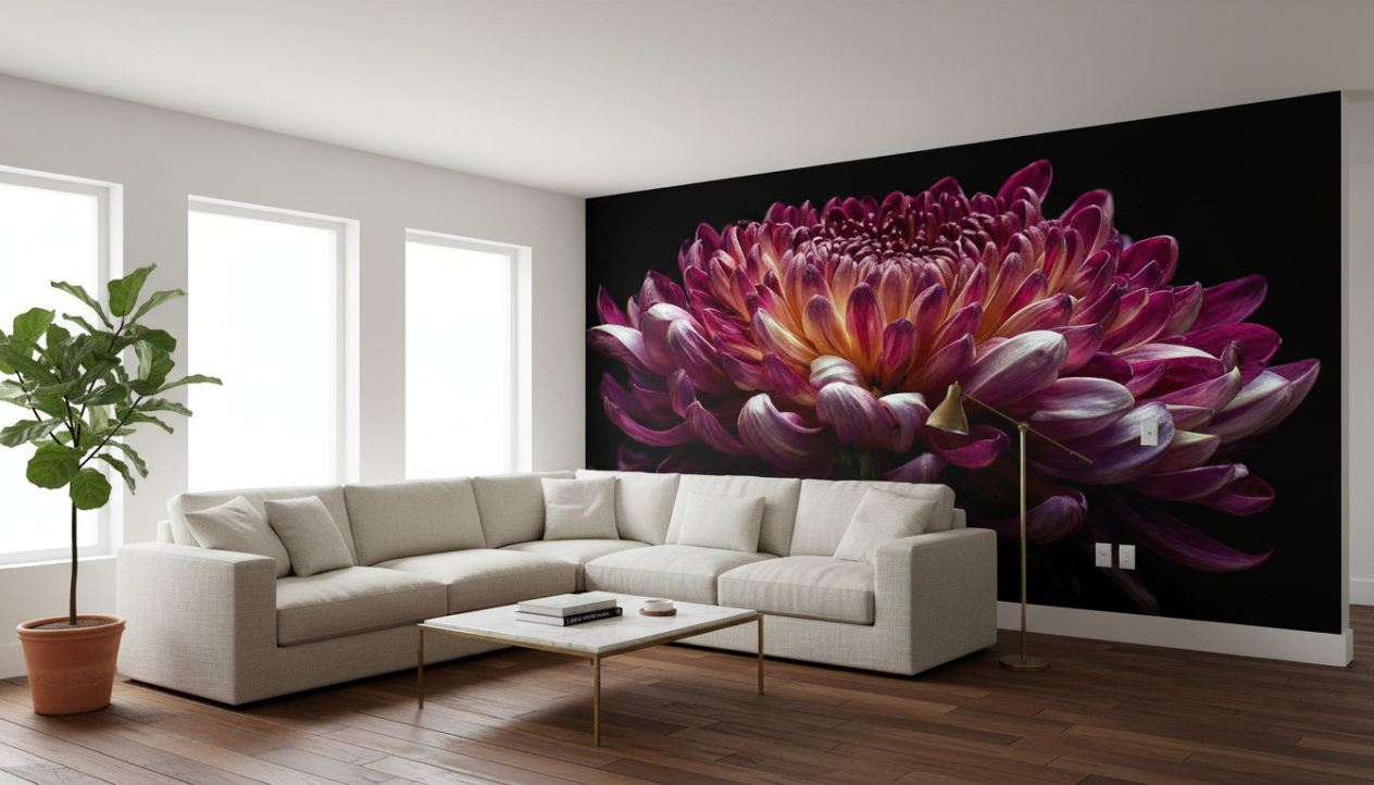 Photorealistic bright living room seen from a gentle three-quarter angle. Apply the provided reference image as WALLPAPER on the long wall behind the seating area; treat it as a single large mural, no tiling, full-bleed without stretching, maintain correct corner perspective. L-shaped light linen sofa, low marble-topped coffee table, a tall plant, minimal vintage accents (brass floor lamp, small book stack). Dark natural wood plank floor with soft patina, white ceiling, thin baseboards. Matte wallpaper with delicate paper texture; precise alignment at the room corner, outlets, and baseboard. Bright daylight from large windows, soft global illumination. Camera at eye level from the room corner so both the wallpapered plane and depth of the space are visible. No text, numbers, logos, or watermarks.