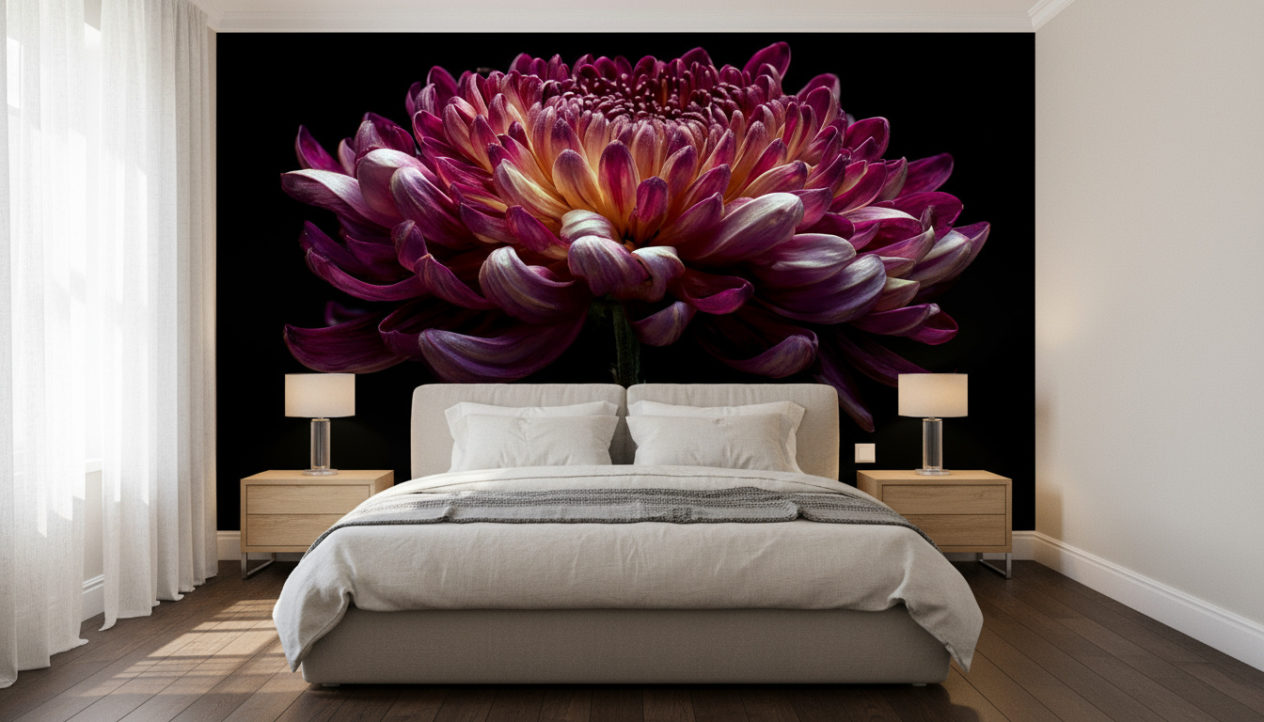 Photorealistic bright bedroom with serene modern-classic styling. Apply the provided reference image as WALLPAPER on the headboard wall; treat it as a single mural, no tiling. Position the flower composition centered above the bed, edge-to-edge without stretching, perspective lines accurate. Low-profile upholstered bed with layered neutral linen bedding, two minimal nightstands with warm diffused lamps, light curtains; uncluttered. Dark natural wood floor to ground the scene, white ceiling and crisp baseboards. Matte wallpaper surface with fine paper texture; neat junctions at corners and sockets; gentle ambient occlusion. Morning daylight from a side window, soft shadows, even exposure. Camera at eye level, mostly straight-on to emphasize the headboard wall and show realistic scale. No text, numbers, logos, or watermarks.