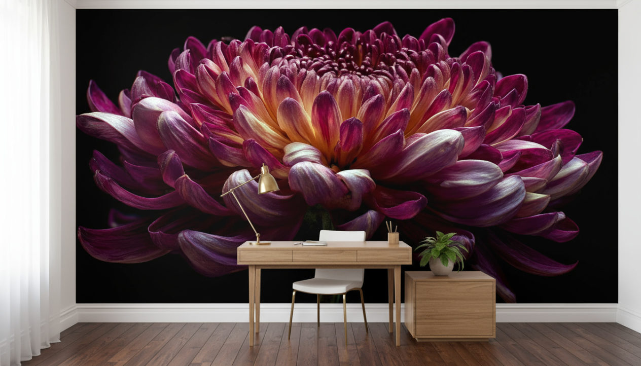Photorealistic bright home office with refined vintage touches. Use the provided reference image as WALLPAPER on the wall behind the desk; treat it as a single large mural, do not tile. Fit edge-to-edge without distortion and keep the wall free of shelves or frames so the floral mural remains the focus. Light-wood or white desk with a slim chair, brass desk lamp, closed storage to the side, a single plant; minimal accessories. Vintage patterned floor tiles or dark walnut boards, white ceiling, narrow baseboards. Matte wallpaper finish with delicate paper texture; crisp alignment at corners and baseboard; subtle ambient occlusion. Bright diffused daylight from a side window, neutral white balance. Camera at eye level, mostly straight-on so the mural and desk dominate while preserving realistic scale. No text, numbers, logos, or watermarks.