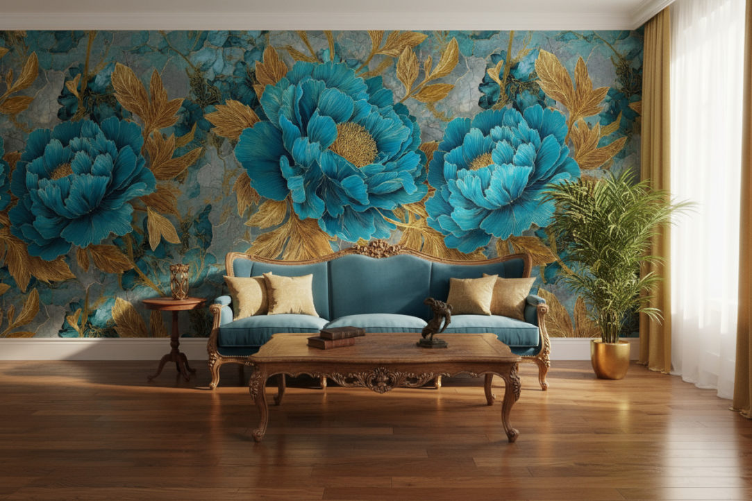 A vintage living room in baroque style, dark wooden floor, elegant petrol-colored velvet sofa, ornate golden details, antique wooden coffee table, warm daylight. The back wall is fully covered with the reference image as a wallpaper, shown clearly and realistically. Natural and bright interior photography style.