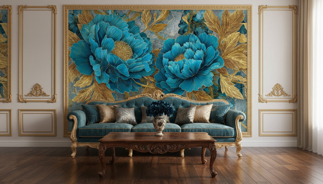 A vintage living room in baroque style, dark wooden floor, elegant petrol-colored velvet sofa, ornate golden details, antique wooden coffee table, warm daylight. The back wall is fully covered with the reference image as wallpaper. The reference image must not be changed or extended, only used as it is (an exact crop or full view is allowed). Natural bright interior photography.