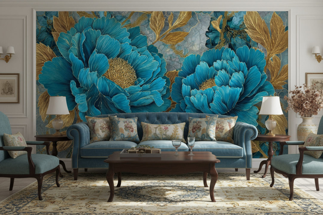 Luxus Vintage livingroom, realistic shadow, petrol coloring sofa, at wall is the reference image as photowall.