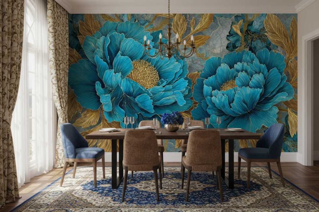 Luxus Vintage dining room, realistic shadow, wooden table with black steal feets, at wall is the reference image as photowall.