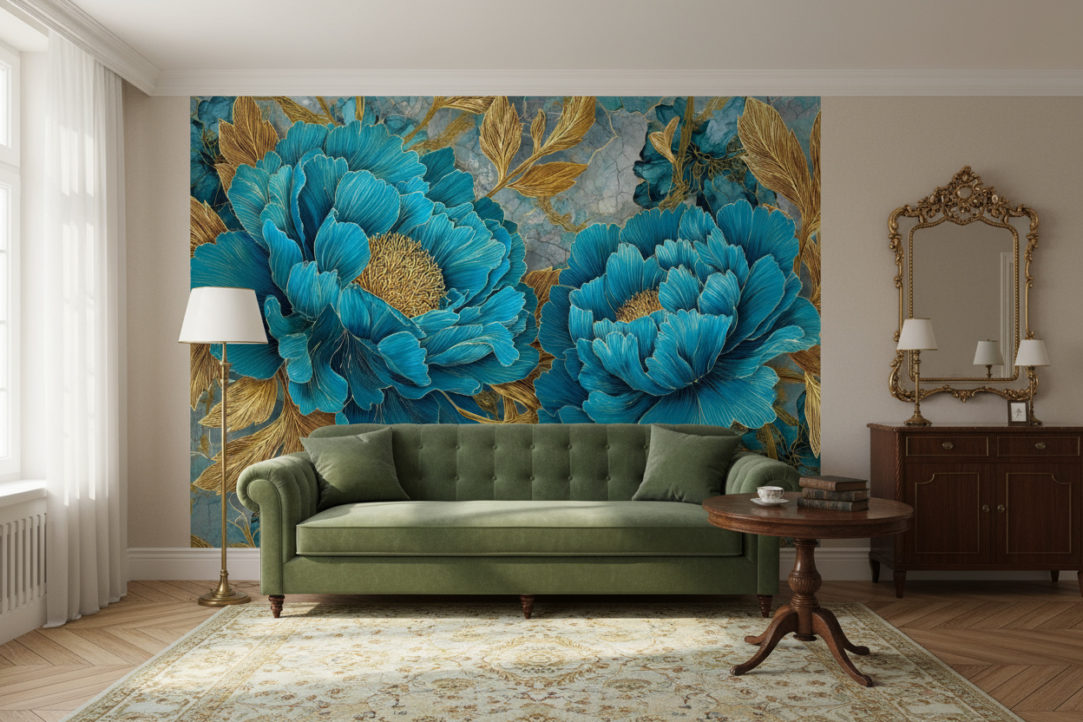 Vintage living room with green sofa and realistic shadow at wall is the reference image as photowall.