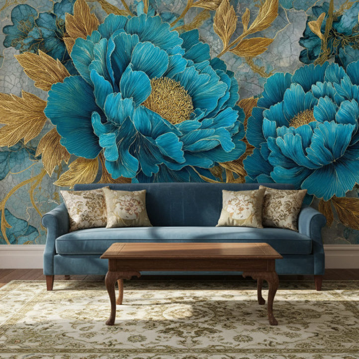 Vintage living room with wooden floor, elegant velvet sofa in a color that matches the tones of the reference image (such as green, petrol, or cream), antique wooden coffee table, subtle golden details, warm daylight. The entire back wall is fully covered with the reference image as wallpaper. The reference image must be used exactly as provided, without any changes or extensions. No shelves, no frames, no objects on the wallpaper wall. Realistic shadows, harmonious interior design, natural photography.