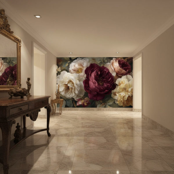 Spacious hallway with antique wooden console, vintage framed mirror, marble floor, subtle golden decor elements, warm ceiling light. The accent wall at the end of the hallway is completely covered with the reference image as wallpaper, realistic depth and shadows.