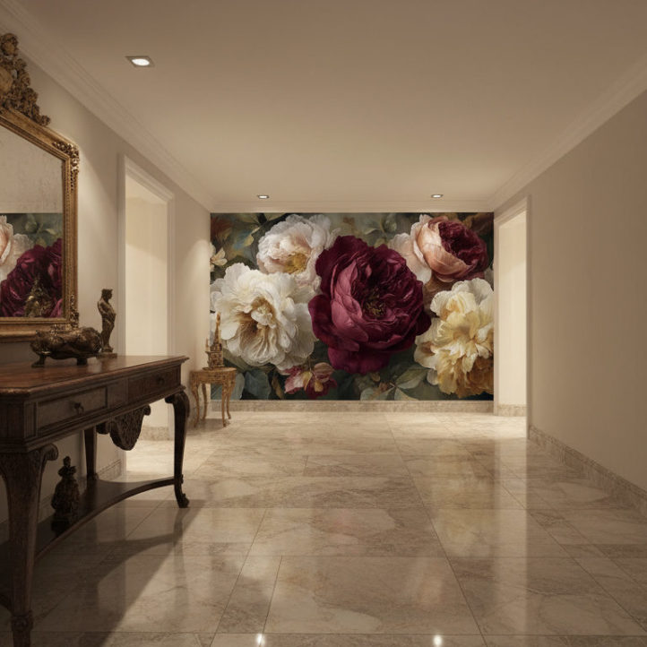 Spacious hallway with antique wooden console, vintage framed mirror, marble floor, subtle golden decor elements, warm ceiling light. The accent wall at the end of the hallway is completely covered with the reference image as wallpaper, realistic depth and shadows.