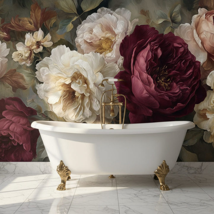 Elegant vintage bathroom, freestanding white bathtub with golden claw feet, marble floor, brass fixtures, warm daylight from side window. The main wall behind the bathtub is fully covered with the reference image as wallpaper, realistic reflection and shadow details, natural photography.