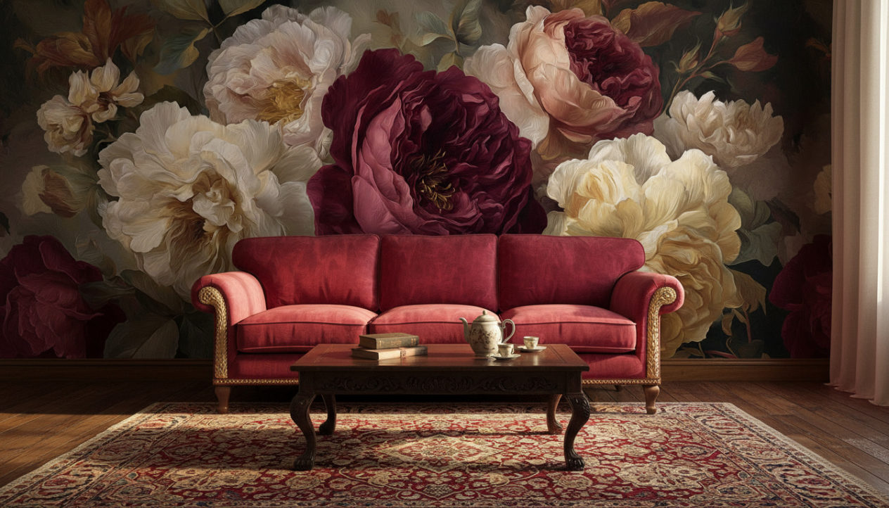 Vintage living room, dark wooden floor, blood red velvet sofa, golden details, antique wooden coffee table, warm daylight. The back wall is fully covered with the reference image as wallpaper, realistic lighting and shadows, natural photography.