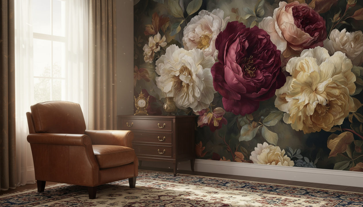 Elegant vintage living room, leather armchair in cognac color, sideboard with golden handles, patterned rug on the floor, window light from the side. The wall with the reference image as wallpaper is visible diagonally, creating depth, realistic warm atmosphere.