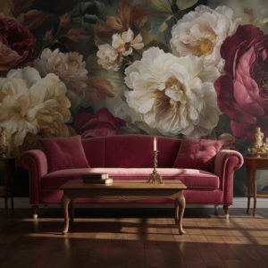 Vintage living room with dark wooden floor, blood red velvet sofa, antique wooden coffee table, golden details, warm daylight. The entire back wall is fully covered with the reference image as wallpaper, no shelves or frames, realistic shadows, natural interior photography.