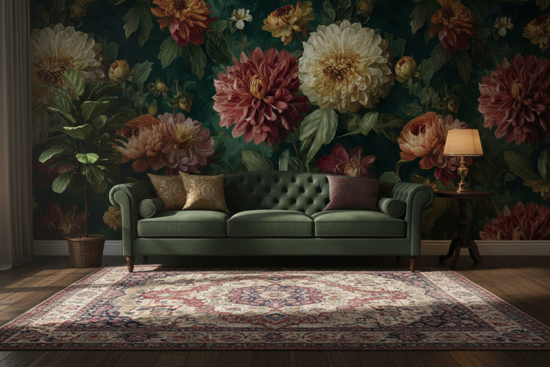 vintage living room with dark green velvet sofa and a wooden floor, reference image as wallpaper on the wall, realistic shadow, no frames on wallpaper