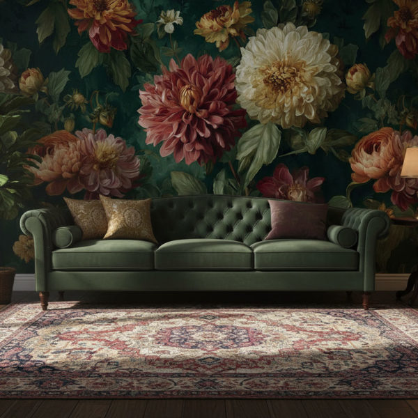vintage living room with dark green velvet sofa and a wooden floor, reference image as wallpaper on the wall, realistic shadow, no frames on wallpaper