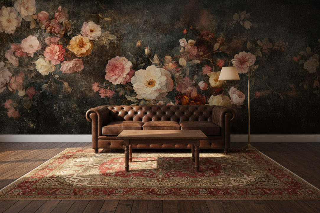 A vintage living room with dark wooden floor, deep brown leather sofa, antique wooden coffee table, brass floor lamp, Persian rug in warm colors. The back wall is fully covered with the reference image as wallpaper, used exactly as provided without any changes or extensions. No shelves, no frames, no objects on the wallpaper wall. Realistic shadows, warm atmospheric lighting, natural interior photography