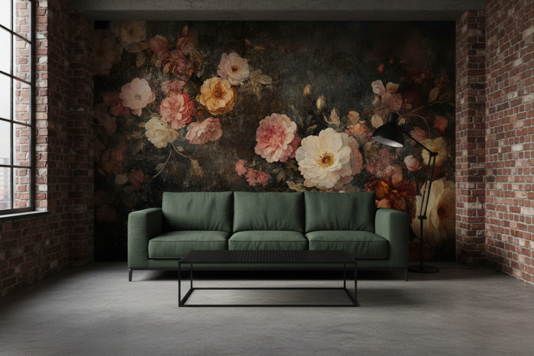 An industrial style living room with concrete floor, exposed brick side walls, large dark green fabric sofa, black metal coffee table, industrial standing lamp. The back wall is fully covered with the reference image as wallpaper, exactly as provided, no distortions or modifications. No objects or decorations on that wallpaper wall. Realistic shadows, moody cinematic lighting, industrial loft atmosphere