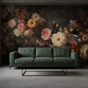 An industrial style living room with concrete floor, exposed brick side walls, large dark green fabric sofa, black metal coffee table, industrial standing lamp. The back wall is fully covered with the reference image as wallpaper, exactly as provided, no distortions or modifications. No objects or decorations on that wallpaper wall. Realistic shadows, moody cinematic lighting, industrial loft atmosphere