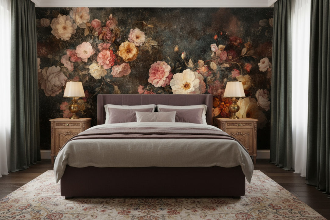 A classical vintage bedroom with a dark upholstered bed in muted burgundy, antique wooden nightstands, brass bedside lamps, heavy velvet curtains, patterned rug. The wall behind the bed is fully covered with the reference image as wallpaper, used exactly as provided, no edits, no extensions. No objects or shelves on the wallpaper wall. Realistic soft shadows, warm cozy atmosphere, natural photography style.