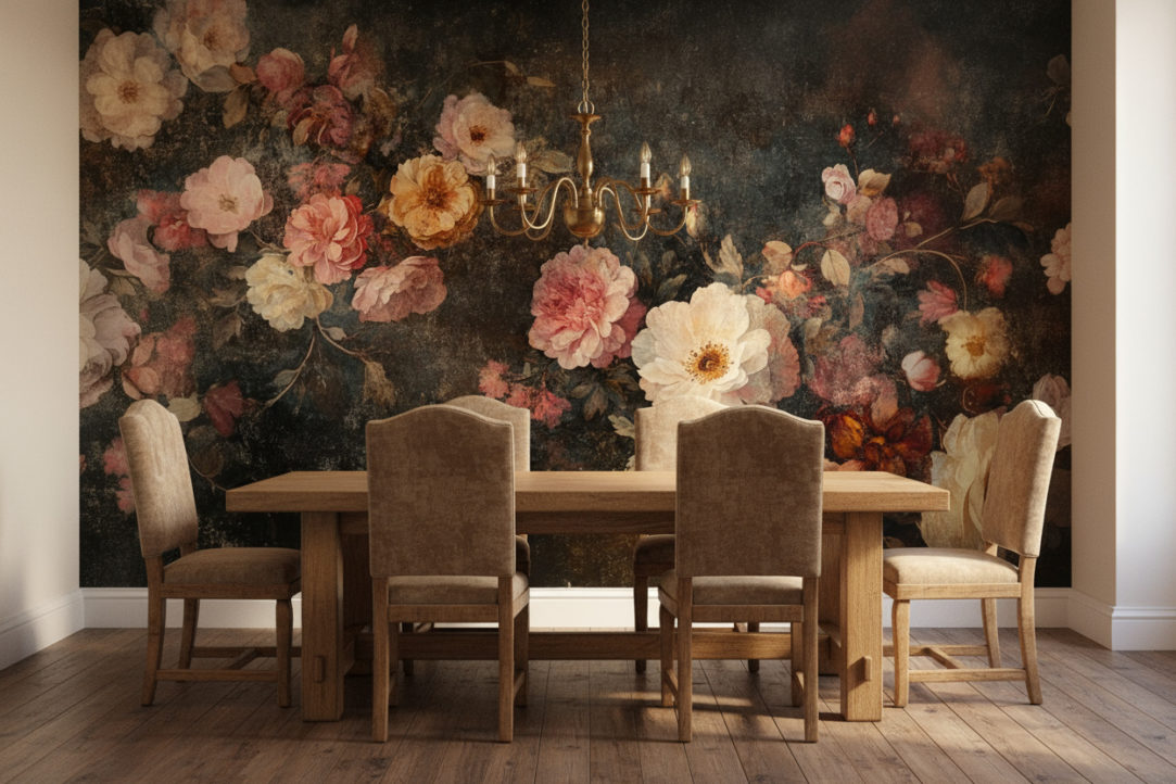 A rustic vintage dining room with solid oak wooden dining table, six upholstered chairs in muted beige and brown tones, brass chandelier overhead, wooden floor, warm daylight. The back wall is entirely covered with the reference image as wallpaper, used exactly as provided, without modification or extension. No shelves, no paintings, no objects on that wall. Realistic shadows, inviting natural interior look.