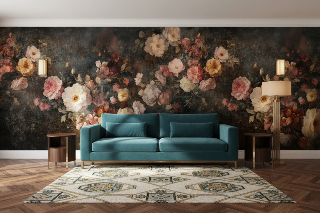 An Art Deco inspired living room with dark wooden parquet floor, elegant teal velvet sofa, geometric patterned rug, golden side tables, subtle brass lighting. The back wall is fully covered with the reference image as wallpaper, exactly as provided with no changes, no distortions, no extensions. No objects or frames on the wallpaper wall. Realistic shadows, balanced warm lighting, natural photography