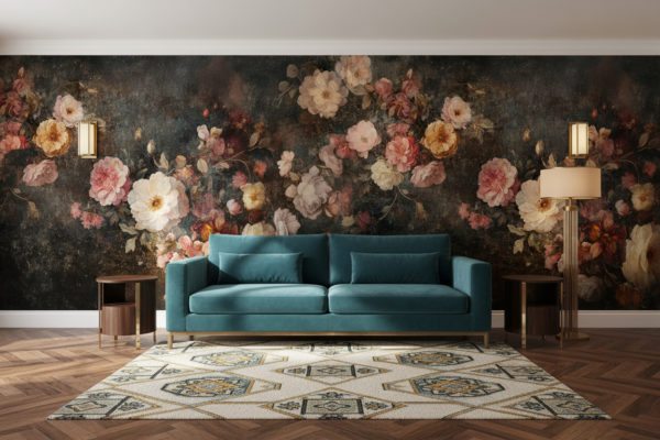 An Art Deco inspired living room with dark wooden parquet floor, elegant teal velvet sofa, geometric patterned rug, golden side tables, subtle brass lighting. The back wall is fully covered with the reference image as wallpaper, exactly as provided with no changes, no distortions, no extensions. No objects or frames on the wallpaper wall. Realistic shadows, balanced warm lighting, natural photography