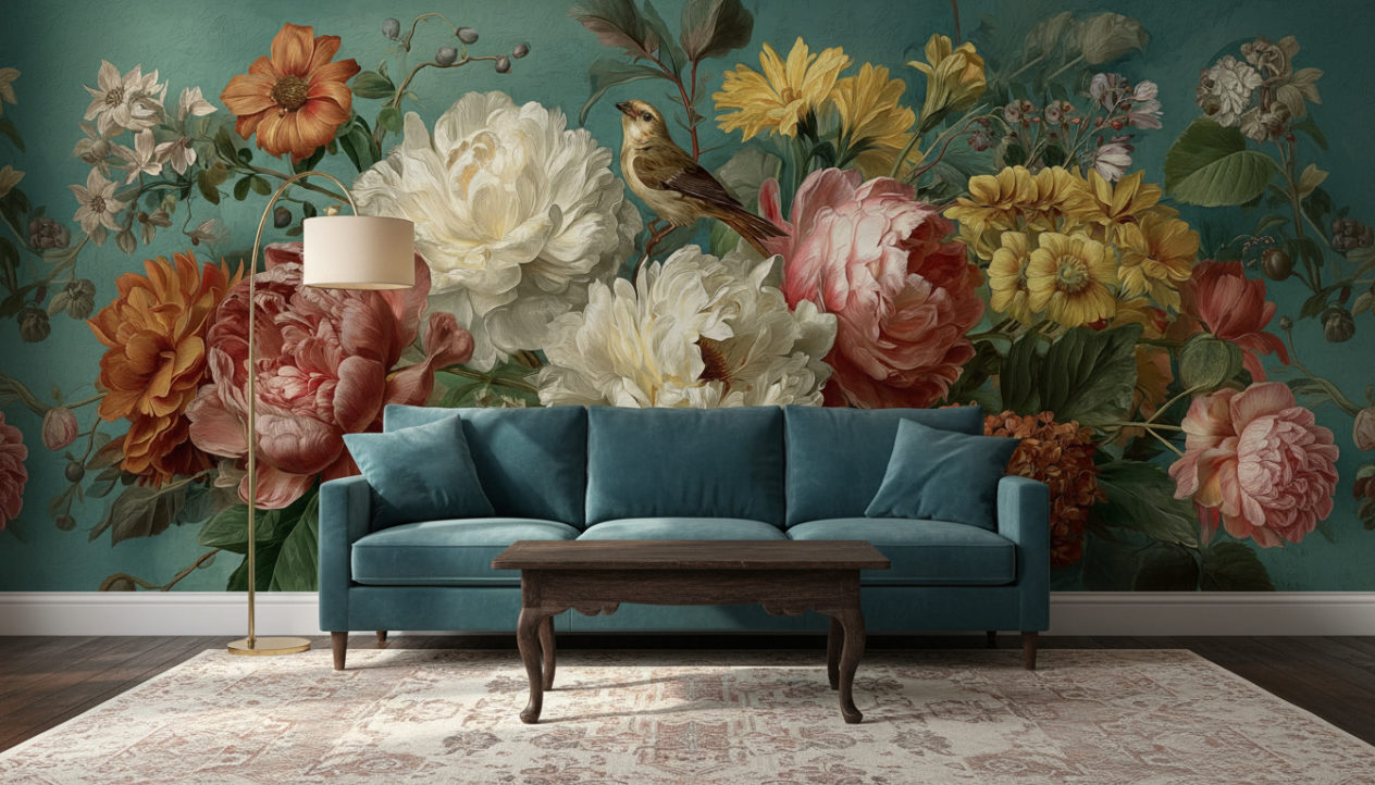 A vintage living room with wooden floor, elegant petrol-colored velvet sofa, antique wooden coffee table, brass floor lamp, patterned rug in muted tones. The back wall is fully covered with the reference image as wallpaper, used exactly as provided without any modifications or extensions. No objects on the wallpaper wall. Realistic shadows, natural interior photography
