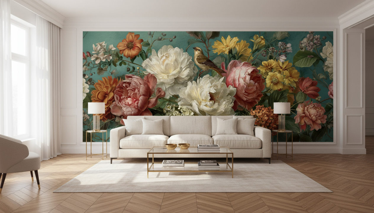 A modern classic living room with oak parquet floor, cream fabric sofa, glass coffee table with brass frame, soft daylight, subtle golden accents. The entire back wall is the reference image as wallpaper, exactly as provided, no changes, no distortion. No decorations on the wallpaper wall. Realistic shadows, bright elegant atmosphere