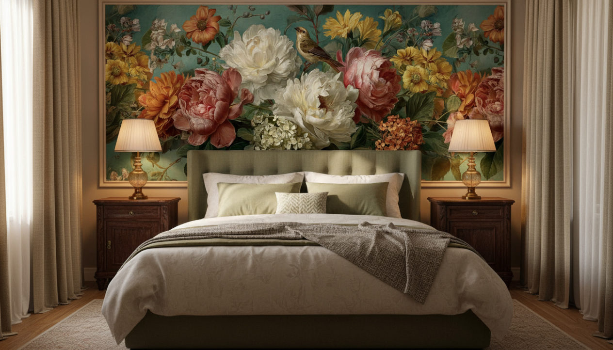 A cozy vintage bedroom with upholstered bed in muted green, wooden nightstands, brass lamps, heavy curtains in beige, soft daylight. The wall behind the bed is fully covered with the reference image as wallpaper, exactly as provided, unchanged. No shelves, no objects on the wallpaper wall. Realistic shadows, warm and serene atmosphere