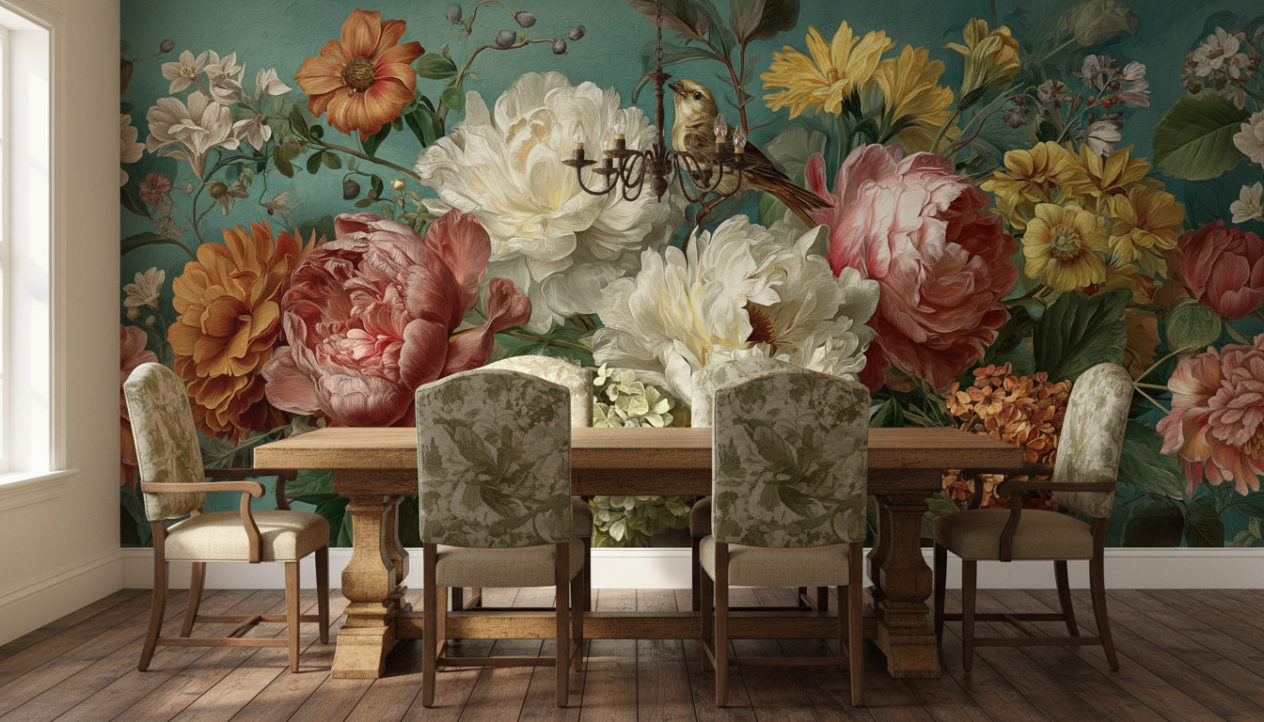 A rustic dining room with solid oak dining table, six upholstered chairs in beige and green tones, vintage chandelier overhead, wooden floor, warm daylight. The back wall is completely covered with the reference image as wallpaper, used exactly as provided without edits. No objects or frames on the wallpaper wall. Realistic shadows, inviting natural look