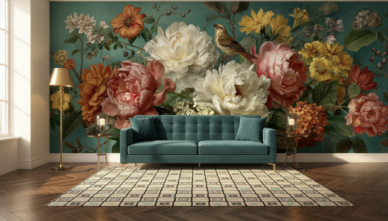 An Art Deco inspired living room with dark wooden parquet, teal velvet sofa, geometric patterned rug, brass side tables, golden floor lamp, elegant warm daylight. The back wall is fully covered with the reference image as wallpaper, exactly as provided, no modification or extension. No decorations on the wallpaper wall. Realistic shadows, natural interior photography