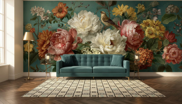 An Art Deco inspired living room with dark wooden parquet, teal velvet sofa, geometric patterned rug, brass side tables, golden floor lamp, elegant warm daylight. The back wall is fully covered with the reference image as wallpaper, exactly as provided, no modification or extension. No decorations on the wallpaper wall. Realistic shadows, natural interior photography
