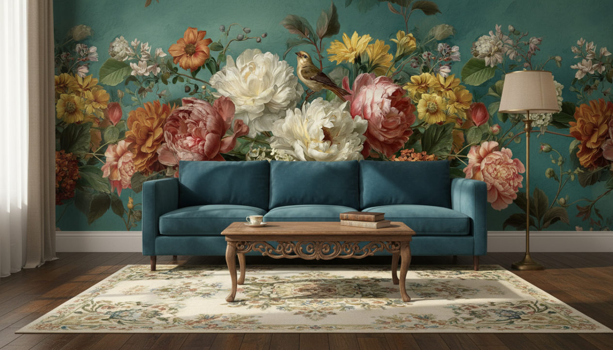 A vintage living room with wooden floor, elegant petrol-colored velvet sofa, antique wooden coffee table, brass floor lamp, patterned rug in muted tones. The back wall is fully covered with the reference image as wallpaper, used exactly as provided without any modifications or extensions. No objects on the wallpaper wall. Realistic shadows, natural interior photography