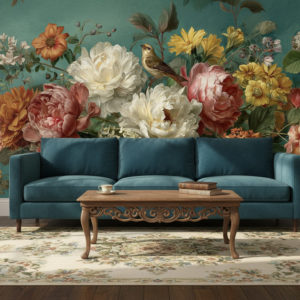 A vintage living room with wooden floor, elegant petrol-colored velvet sofa, antique wooden coffee table, brass floor lamp, patterned rug in muted tones. The back wall is fully covered with the reference image as wallpaper, used exactly as provided without any modifications or extensions. No objects on the wallpaper wall. Realistic shadows, natural interior photography