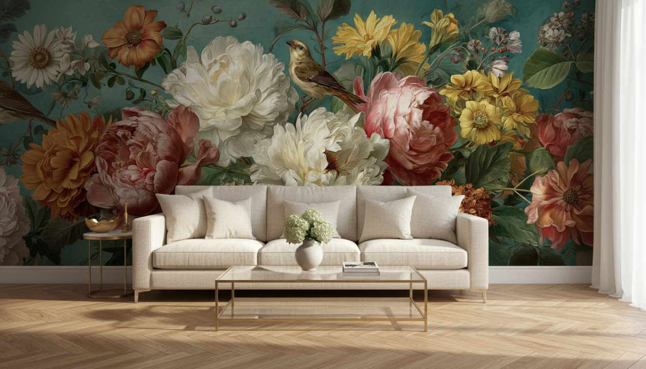 A modern classic living room with oak parquet floor, cream fabric sofa, glass coffee table with brass frame, soft daylight, subtle golden accents. The entire back wall is the reference image as wallpaper, exactly as provided, no changes, no distortion. No decorations on the wallpaper wall. Realistic shadows, bright elegant atmosphere