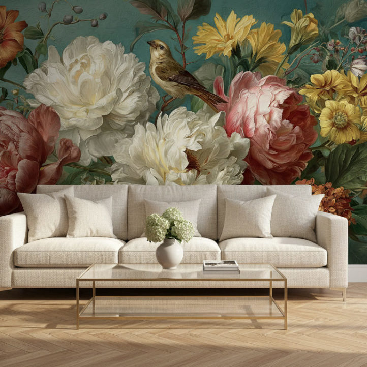A modern classic living room with oak parquet floor, cream fabric sofa, glass coffee table with brass frame, soft daylight, subtle golden accents. The entire back wall is the reference image as wallpaper, exactly as provided, no changes, no distortion. No decorations on the wallpaper wall. Realistic shadows, bright elegant atmosphere